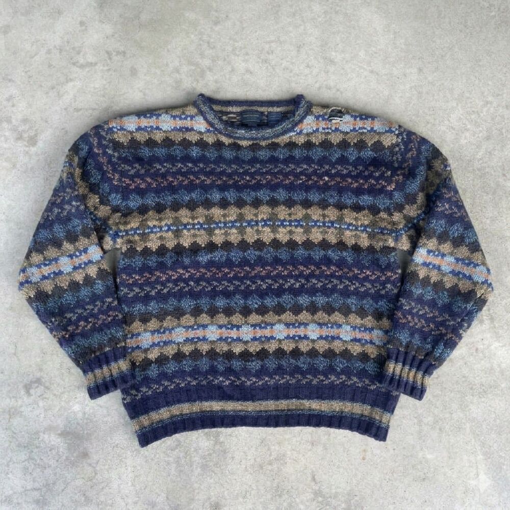 Vintage American Eagle Outfitters Geometric Knit Sweater Blue Tan Men's L